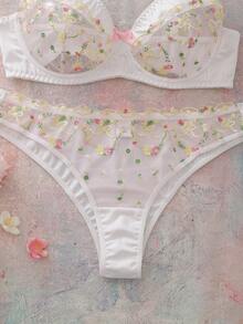 SHEIN Set de 2 piezas de sujetador con aros delgados y sostén y tanga bordados para mujer de talla grande - Multicolor - Ver 4