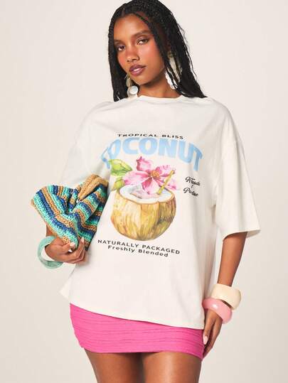 MISSGUIDED Áo thun nữ dáng rộng in hình dừa nhiệt đới, tay ngắn, họa tiết thiên đường, thích hợp cho kỳ nghỉ hè, đi biển, phong cách thường ngày.