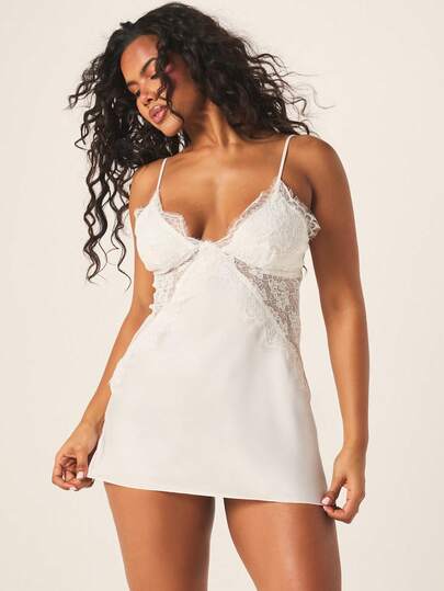 MISSGUIDED White Mini Sleep Dress With Delicate Lace Bust Panels And Spaghetti Straps For Intimate Moments Sleepwear Nightgown