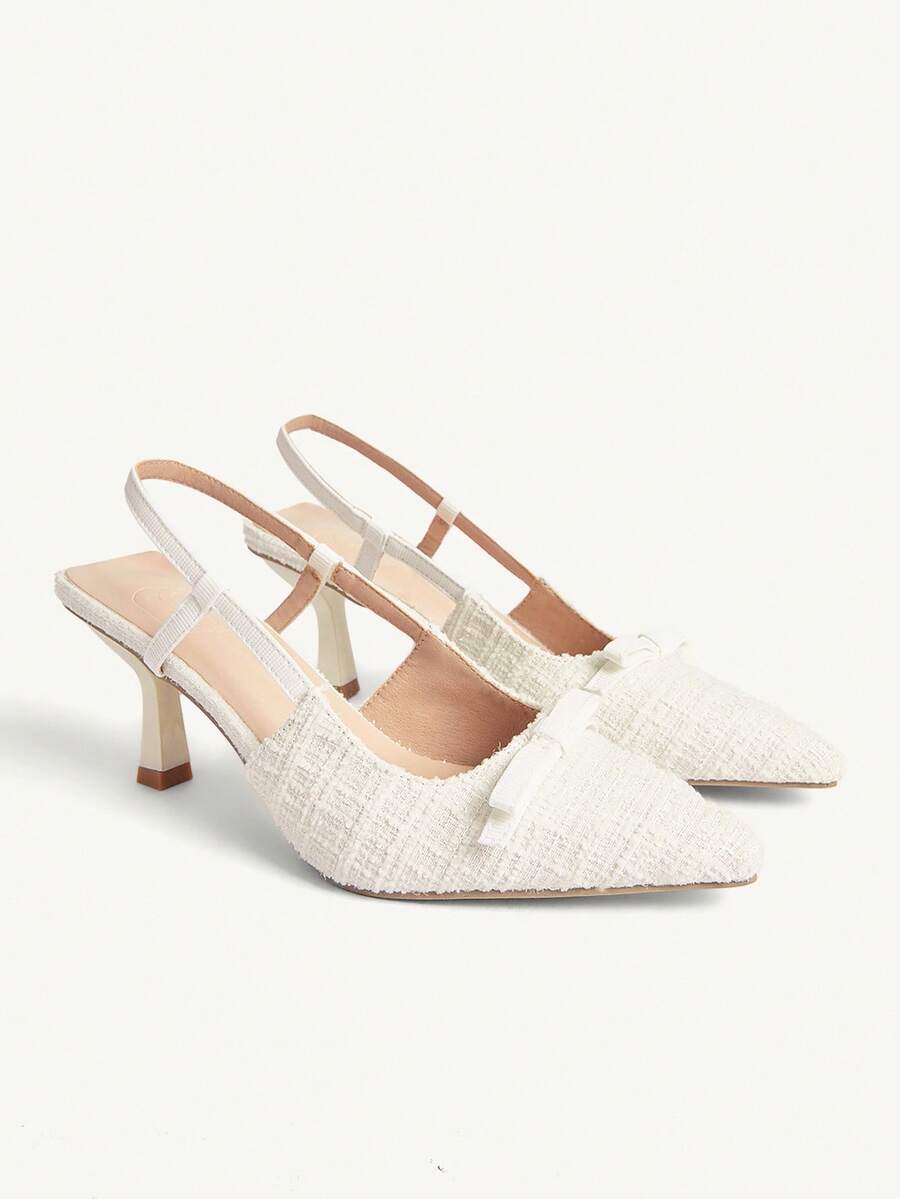 CUCCOO CHICEST Women Shoes Women's Pointed High Heels Beige Plaid Material Bow Fashionable And Elegant Daily Commute Hundred High Heels Shoes Rear Strap Empty Shoes Women's Shoes Wedding Shoes Spring Shoes Bride Shoes - Beige - View 1