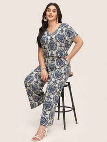 Comfylo 2pcs/Set Plus Size Short Sleeve V-Neck T-Shirt And Pants, Minimalist And Fashionable For Summer Women Boho/Bohemian Summer Outfits For Women Vacation Outfits Woman Two Pieces Set Women Summer Outfits For Women Two Pieces Set Women Summer New Design - Multicolor - View 5