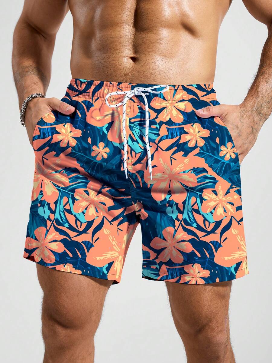 Manfinity KASUA Men's Tropical Plant Print Drawstring Waist Beach Shorts - Multicolor - View 1