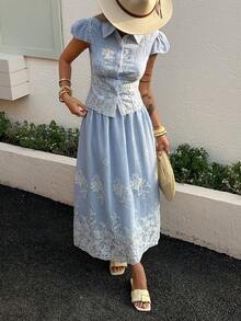 DAZY 女士夏季休闲度假花卉刺绣短袖上衣和半裙两件套 - 藍色 - 查看 4