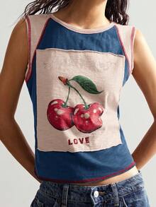 Bohemela 针织修身圆领女式休闲水果印花撞色背心樱桃图案背心女式夏季上衣无袖图案T恤可爱图案背心 - 彩色 - 查看 2