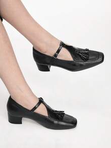 Mnmlis Women's Tassel Design Buckle Closure Square Toe High Heel Shoes - Black - View 10