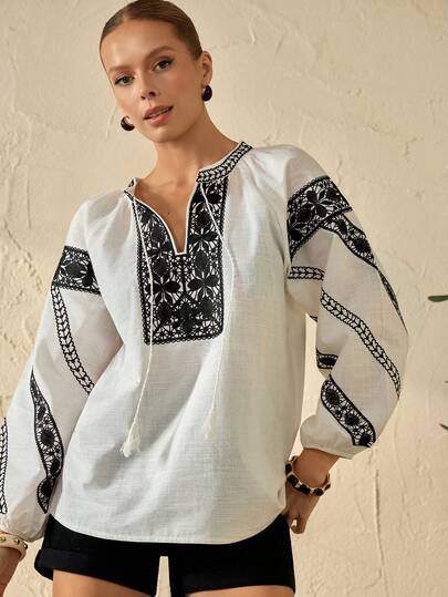 Bóhologie Women's Bohemian Short-Sleeve Linen Blouse With Intricate Geometric Embroidery And Tassel Tie-Neck Detail, Vacation Summer Collection
