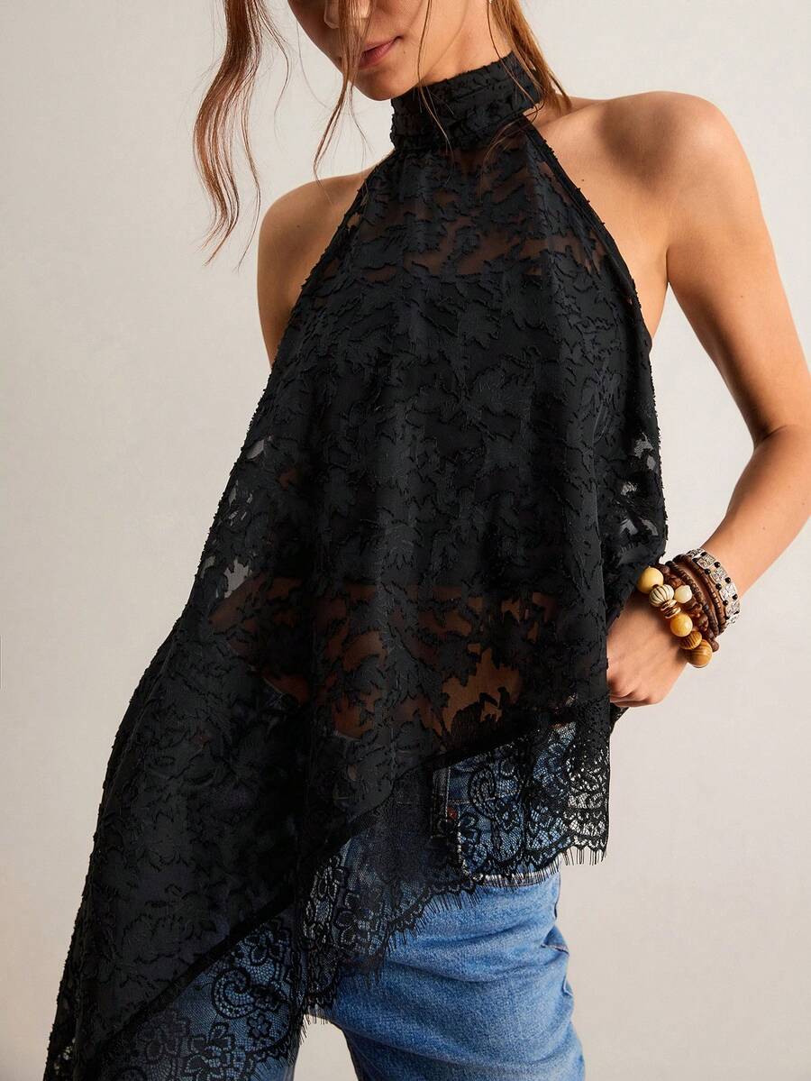 Freevana 女士撞色蕾丝不对称下摆时尚吊带背心 - 黑色 - 查看 1