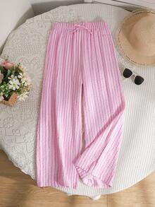 少女粉色条纹宽松阔腿裤，休闲可爱时尚百搭，适合外出、姐妹合影、公园、露营、日常穿着、聚会、度假等场合。 - 粉色 - 查看 6