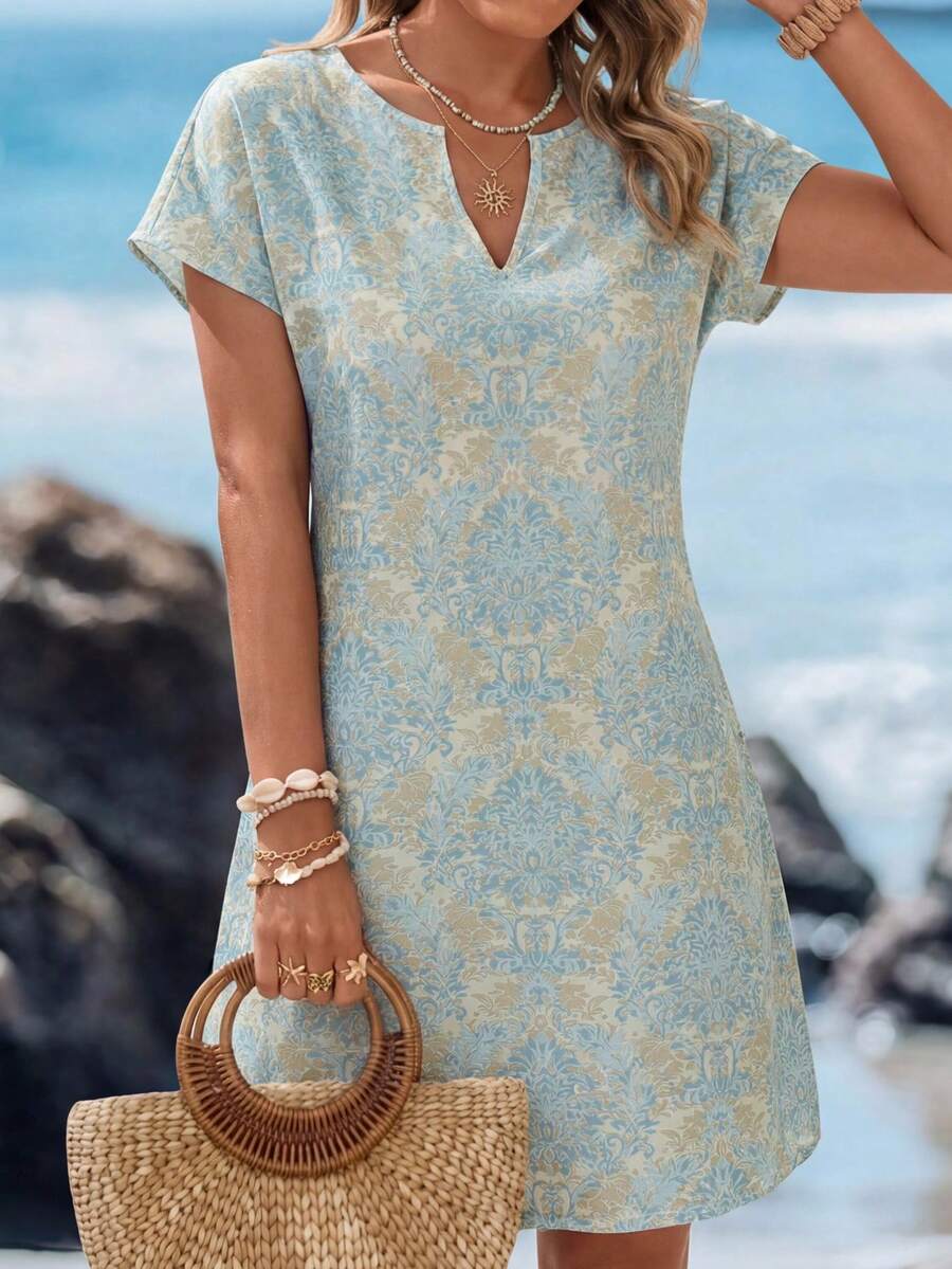 Sylviya 夏季全息印花v領蝙蝠袖長袍連身裙 - 淺藍色 - 查看 1