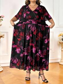 SHEIN CURVE+ 大码女士优雅连衣裙，适合工作、夏季穿着，网纱面料，弹力十足，短袖，长款，职业女性夏季服装套装 - 彩色 - 查看 6