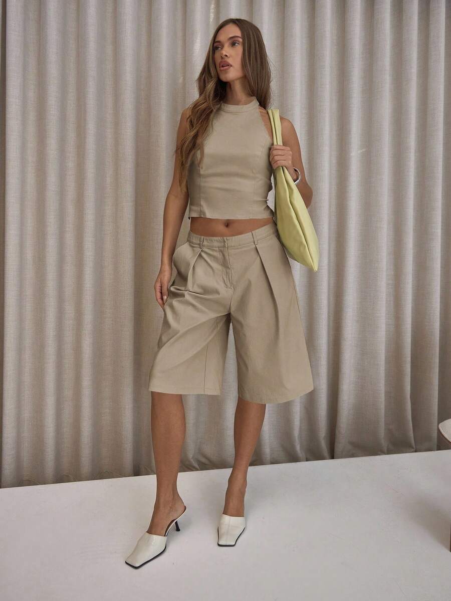 MUSERA Quần short dài dáng suông xếp ly, thanh lịch, gợi cảm, thích hợp cho các buổi tiệc tối, mùa hè, thường ngày hoặc đi nghỉ mát. - Màu be - Xem 1