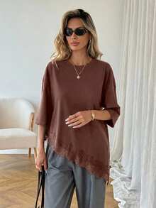 SHEIN LUNE 女士休闲纯色不对称下摆蕾丝拼接T恤，春夏日常基本款 - 棕色 - 查看 5