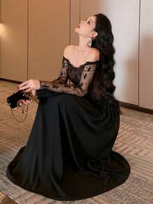 Joudiya Đầm dài tay trễ vai phối ren tương phản thanh lịch dành cho nữ - màu đen - Xem 11