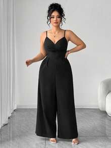Elenzga Mono elegante y casual con cuello en V y cintura ceñida, ideal para el día a día - Negro - Ver 3