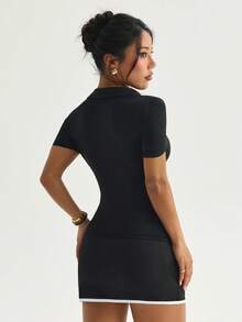 Gameset SHEIN Sport 女士运动瑜伽户外健身Polo衫，翻领，单侧条纹撞色，腰部收紧弧形下摆 - 黑色 - 查看 2