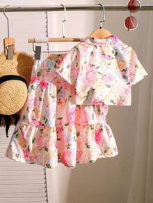 SHEIN Elladie kids 两件套：女童碎花图案下摆扭领衬衫和碎花长裙，适合夏季海滩度假 - 彩色 - 查看 3