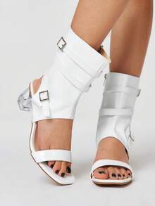 ROMWE Kawaii Women's Fashion Square Toe Thick Heel High Heel Sandals Cool Boots - White - View 1