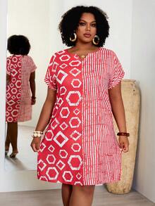 大码女式几何印花条纹拼接休闲度假连衣裙，女士度假装，女士碎花连衣裙，女士假日装，女士夏季装，女士春季装，非洲印花连衣裙，度假装，红色抽象印花连衣裙，女士连衣裙，大码连衣裙，布布连衣裙，非洲大码夏季连衣裙，非洲女装，非洲夏季连衣裙，女士大码连衣裙，非洲女装，大码度假装 - 彩色 - 查看 6