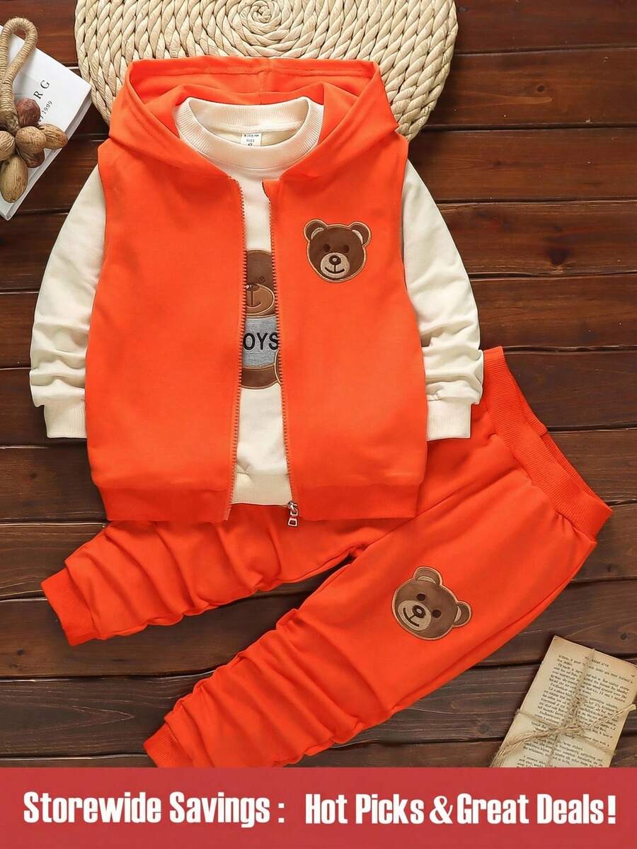SHEIN Young Boy Bear Print Sweatshirt & Zip Up Hoodie & Sweatpants Chic Outfits For Autumn/Winter - Orange - View 1