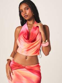 MISSGUIDED Gradient Halter Neck Crop Top And Maxi Skirt Two Piece Co-Ord Set Sunset Ombre Tie Back Sleeveless Summer Outfit - Multicolor - View 2