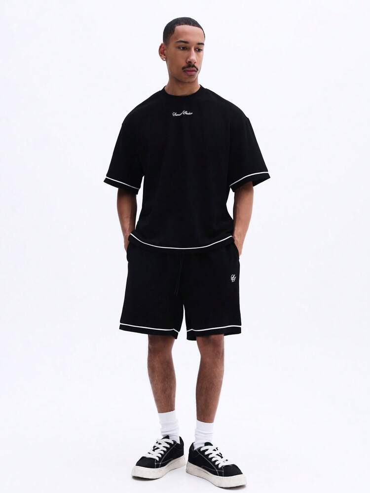 Classic Black Crew Neck T-Shirt And Shorts Co-Ord Set With White Contrast Piping Detail Casual Loungewear Outfit For Summer