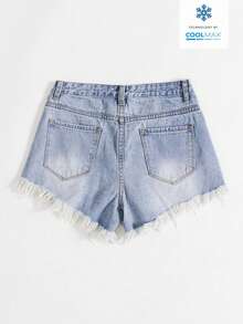 SHEIN EZwear 女士休闲破洞毛边牛仔短裤 - 淺色水洗藍 - 查看 2