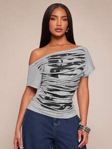 Radiana Women's Casual Sleeveless Top With Asymmetric Ripped Slogan Print, Fashionable Street Style For Spring/Summer - Grey - View 4