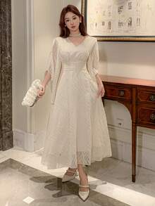 DAZY Women's V-Neck Flare Sleeve Elegant Mid-Length Dress - Beige - View 7