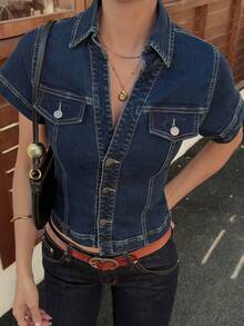 DAZY Áo sơ mi denim nữ cổ bẻ, ôm eo, cổ chữ V - Màu xanh lam - Xem 1