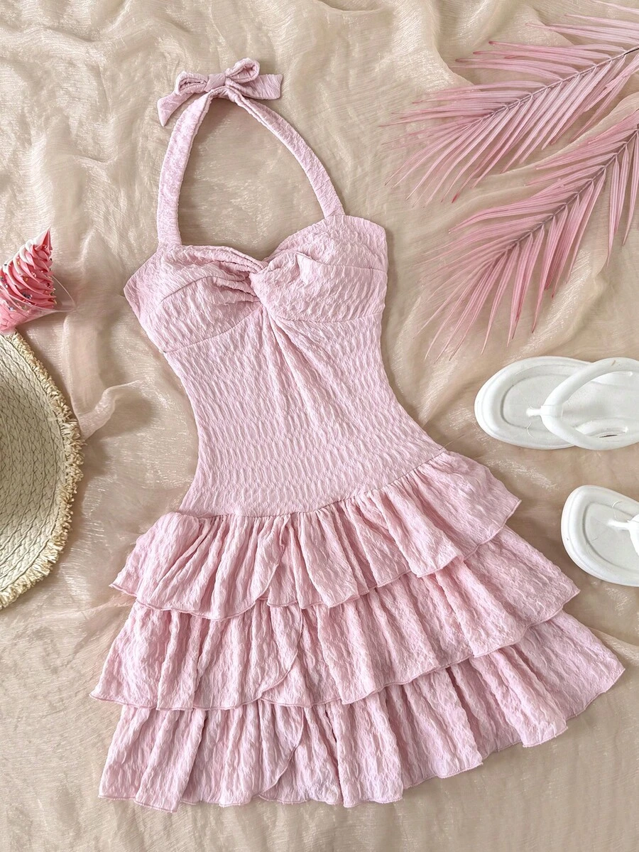 SHEIN Tween Girl Vacation Mini Dress With Elastic Ruched Bust, Tie Neck, Bowknot, And Tiered Ruched, Can Wear Inner Or Outer,Summer Dresses ,Solid White Dress - Pink - View 1