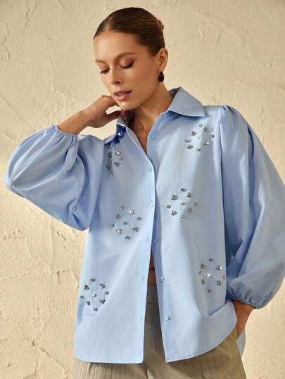 Bóhologie Blusa de manga globo azul bebé con detalles decorativos en la parte delantera - Blusa de manga larga para mujer