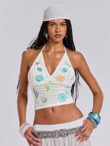 ROMWE Seaside Vacation Starfish & Shell Embroidered Knit Halter Top - Beige - View 4