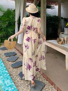 DAZY 女士V领印花短袖收腰宽松休闲度假连衣裙 - 杏色 - 查看 7