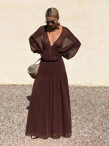 Livesso Summer Vacation Outfit - Loose V-Neck Sheer Top And Casual Skirt Set For Women - Coffee Brown - View 6