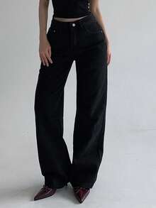 DAZY 女士高腰口袋直筒宽松休闲百搭牛仔裤 - 黑色 - 查看 3