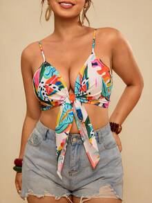 Travachic 大码女式印花褶皱休闲百搭度假吊带背心 - 杏色 - 查看 5