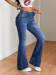 SHEIN PETITE Women's Y2K High Waist Flare Jeans Dark Blue Stretch Butt Lifting Wide Leg Denim Pants With Pockets Perfect For Streetwear & Daily Outfits Women's Casual Daily Commute Fashion Street Washed Flare Jeans - Dark Wash - View 3