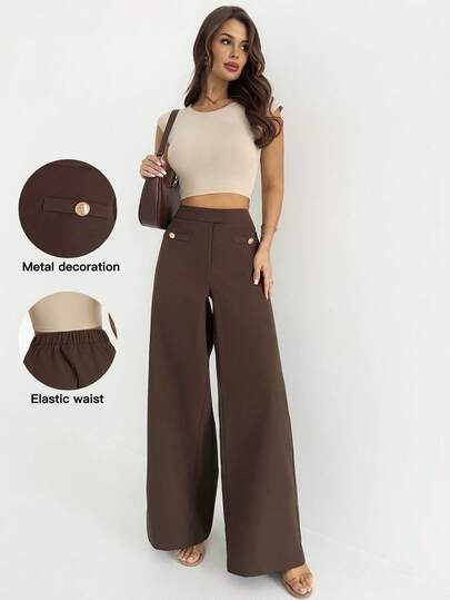 Firerie Pantalones de traje de mujer de color café sólido elegante, con decoración de botón metálico de moda, versátil para ir al trabajo y la oficina, pantalones anchos de pierna larga