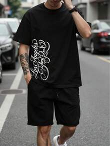 Manfinity Hypemode 男士圆领字母印花休闲百搭日常短袖T恤 - 黑色 - 查看 1