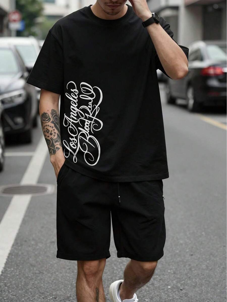 Manfinity Hypemode 男士圆领字母印花休闲百搭日常短袖T恤 - 黑色 - 查看 1