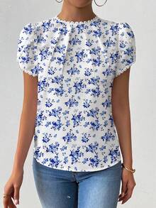 Pariaura Women's Elegant Casual Floral Print Ruffle Collar Petal Sleeve Blouse - Blue - View 5