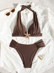 Swim Chiccia 女士纯色加粗肩带前海星装饰系带后背褶皱侧边吊带泳衣套装 - 咖啡棕 - 查看 3