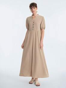 Aalyst Đầm dài dáng ôm tay phồng bằng vải lanh dành cho nữ, có cúc cài, thoải mái và thanh lịch, thích hợp mặc đi làm. - Màu xanh Ô liu - Xem 4