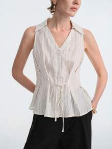 Aalyst Camiseta de mujer con diseño de pliegues en la cintura y tela a rayas, adecuada para vacaciones, ir al trabajo, y uso en primavera y verano - Beis - Ver 7