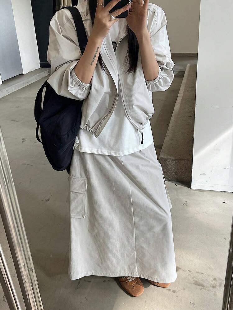 Women's Solid Color Long Sleeve Zip-Up Jacket And Cargo Pocket A-Line Skirt Casual 2-Piece Set Summer