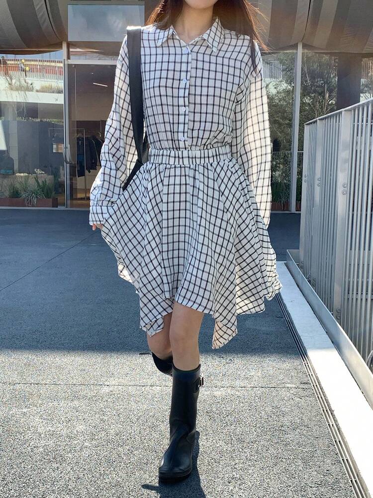 Women's Casual Commuter Plaid Asymmetric Hem Dress Sundress