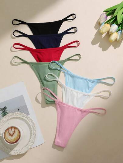 Lowkey Lull 7pcs/Set Women's Solid Color Seamless Thong Panties, Comfortable