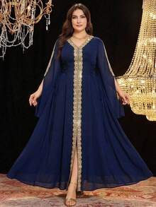 Reflora 大码女式贴花装饰开衩袖优雅连衣裙 - 藍色 - 查看 12