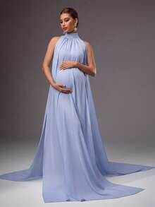 MaterniChic Maternity Solid Color Ruched Side Slit Tie Neck Dress - Baby Blue - View 3