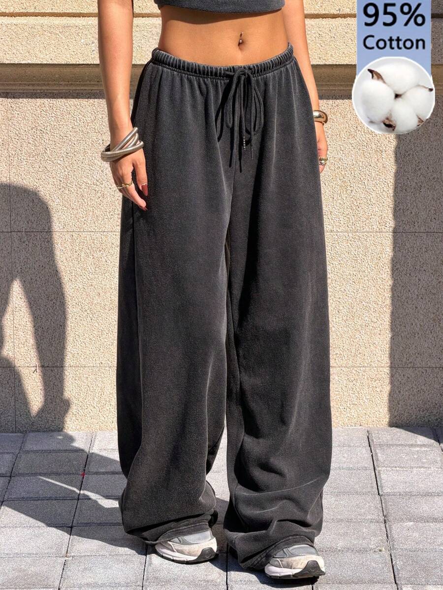 Muchica 女士休闲抽绳水洗黑色阔腿裤 - 黑色 - 查看 1